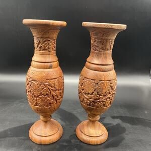 2 Wooden Floral Candlestick Holders Hand Carved 11.5 inches High Vintage